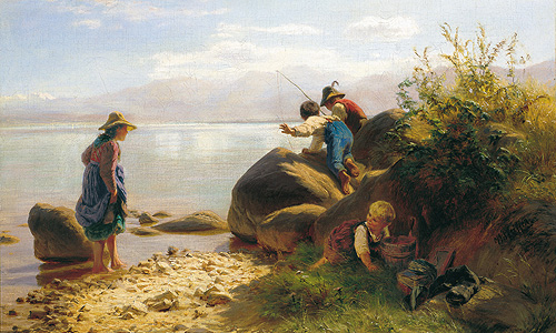"Children fishing on the Chiemsee", Friedrich Wilhelm Pfeiffer