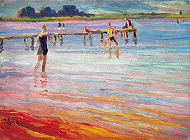 Bild: Julius Exter, Badesteg und Badeplatz
am Chiemseer Ufer, 1910/20