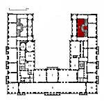 Small plan of the palace (first floor) showing the present position